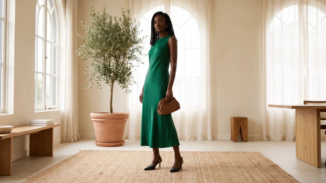 Eine Frau in einem smaragdgrünen Midikleid mit schwarzen Slingbacks und einer kleinen geflochtenen Clutch in einem hellen Raum