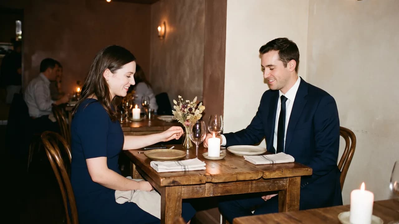 Pár u stolu v restauraci při svíčkách: ona v námořnicky modrých midi šatech, on v tmavém obleku s kravatou