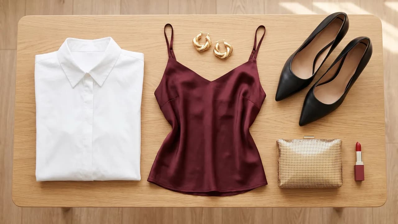 Una camicia bianca da ufficio accanto a un top in raso bordeaux, orecchini dorati, tacchi neri, una pochette dorata e un rossetto