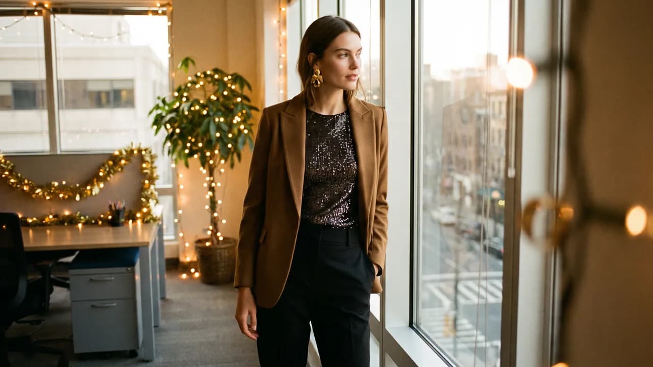 Una donna in pantaloni neri, top di paillettes e blazer cammello con orecchini dorati in un ufficio decorato con luci